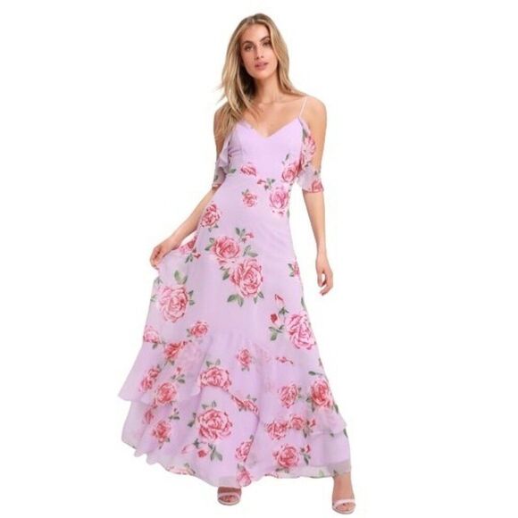 Lulu’s Take You There Lavender Floral Print Maxi Dress M Flowy Tiered Roses - Picture 1 of 10